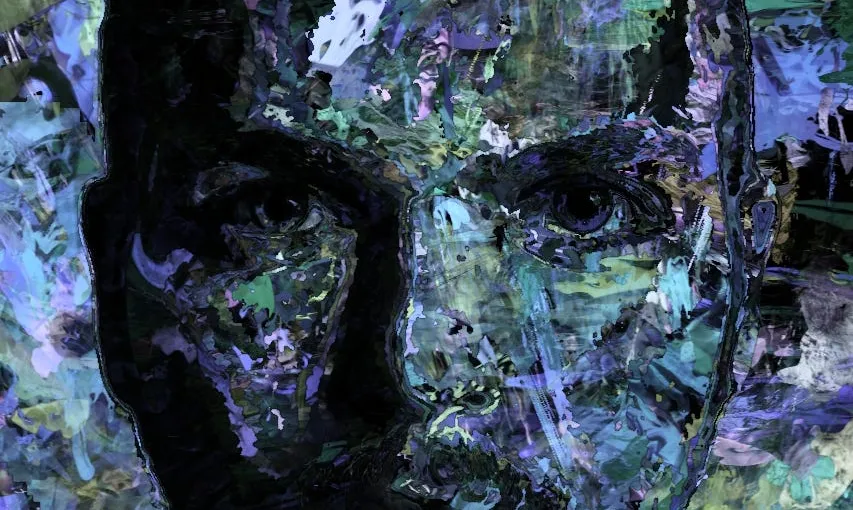A musician performing inside a colorful, layered digital collage