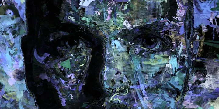 A musician performing inside a colorful, layered digital collage