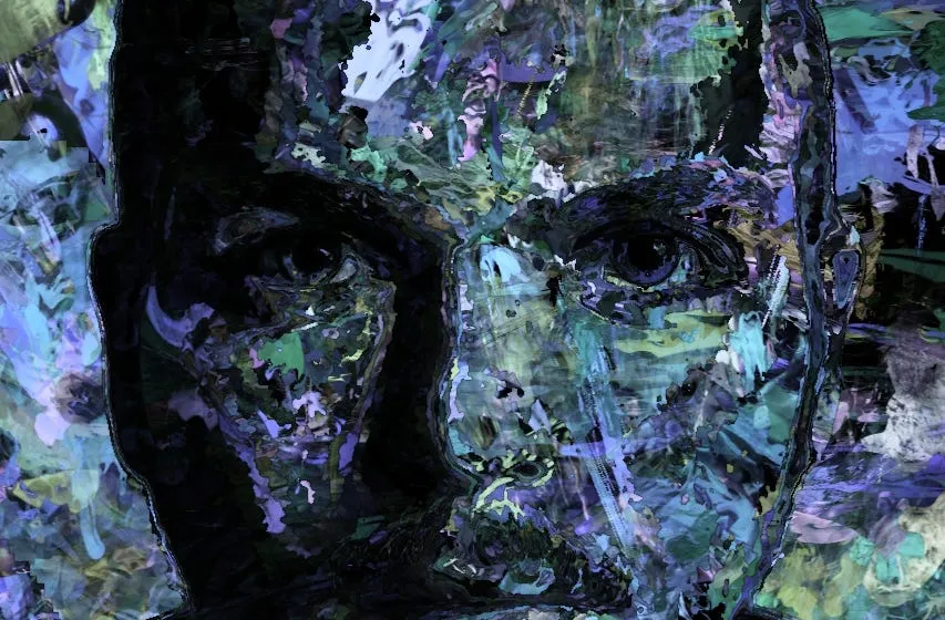 A musician performing inside a colorful, layered digital collage