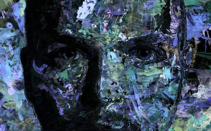 A musician performing inside a colorful, layered digital collage