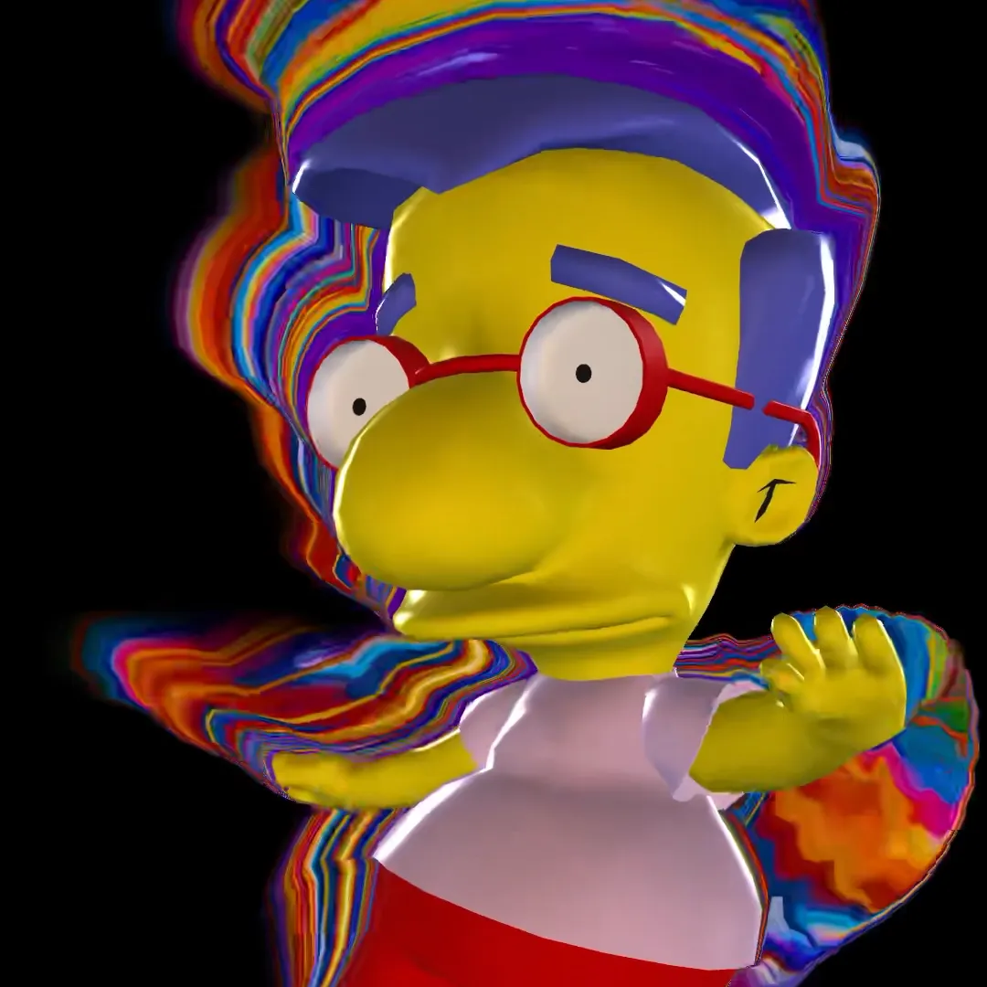A glossy 3D Milhouse surrounded by rainbow feedback trails