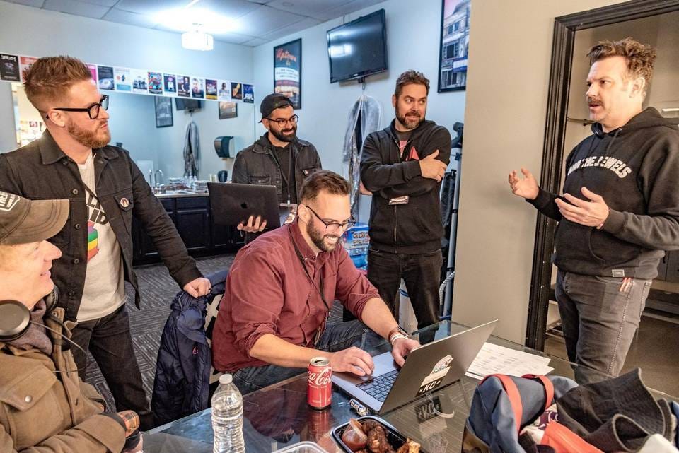 Ed, Billy, Brandon, Dustin, Randall and Jason plan Hatrick’s segments of the show.